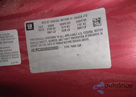 2013 Chevrolet Camaro 2Lt из США, поврежденный, VIN 2G1FC3D38D9209563